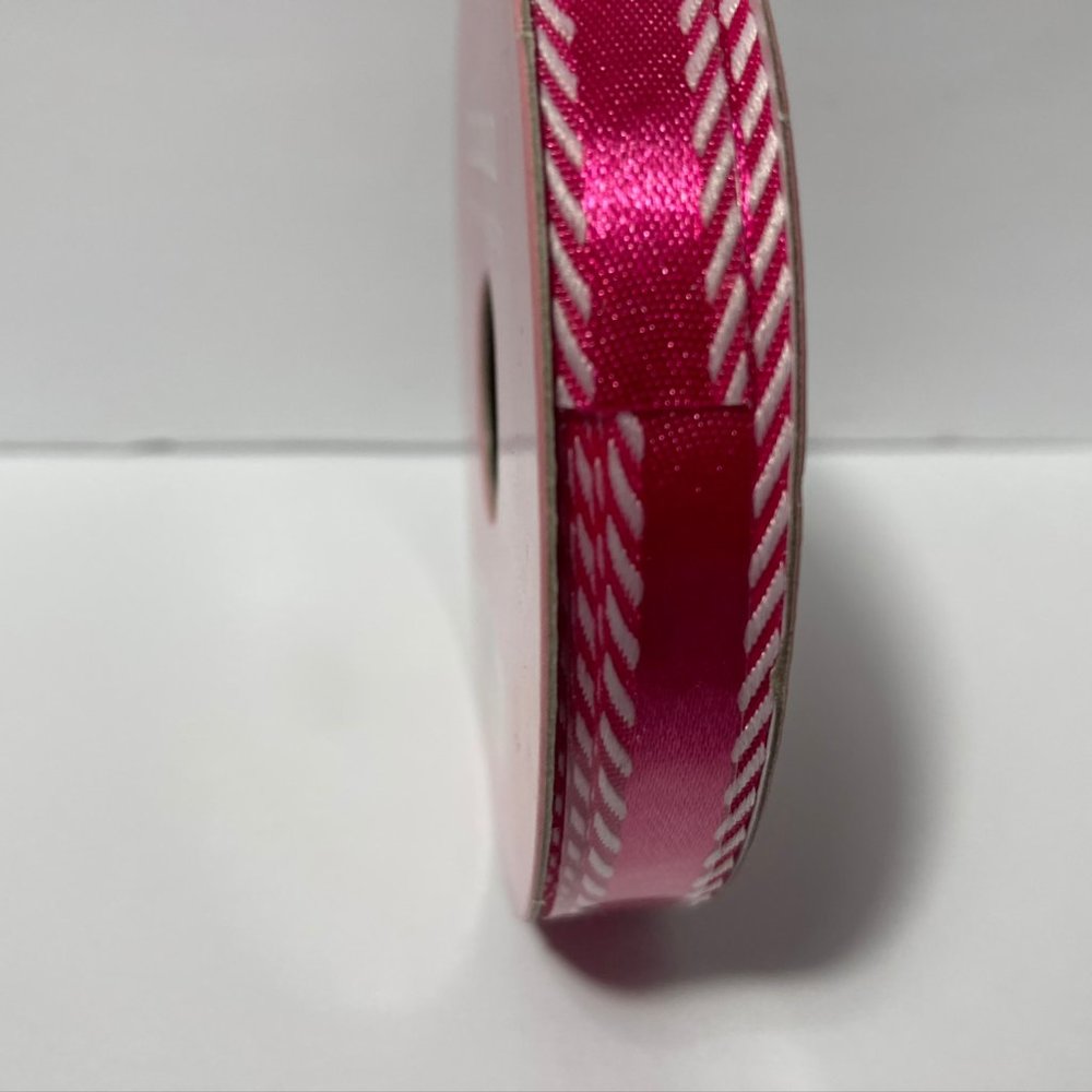 2 Spring Bright Pink Ribbon Sewn White Accent 3/8"